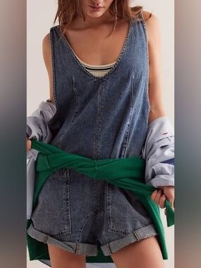 Free People- High Roller Blue Women's Denim Shortalls- Size Medium